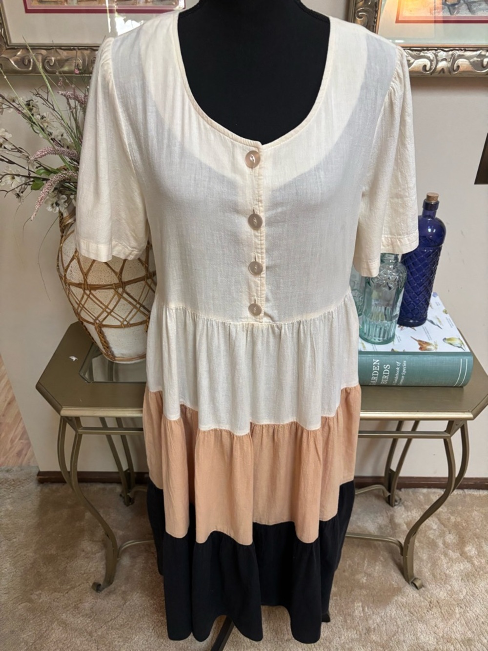 TWO POTATO VINTAGE NEUTRAL TIERED MAXI DRESS BOHO PEASANT COTTON COTTAGECORE - Picture 3 of 9